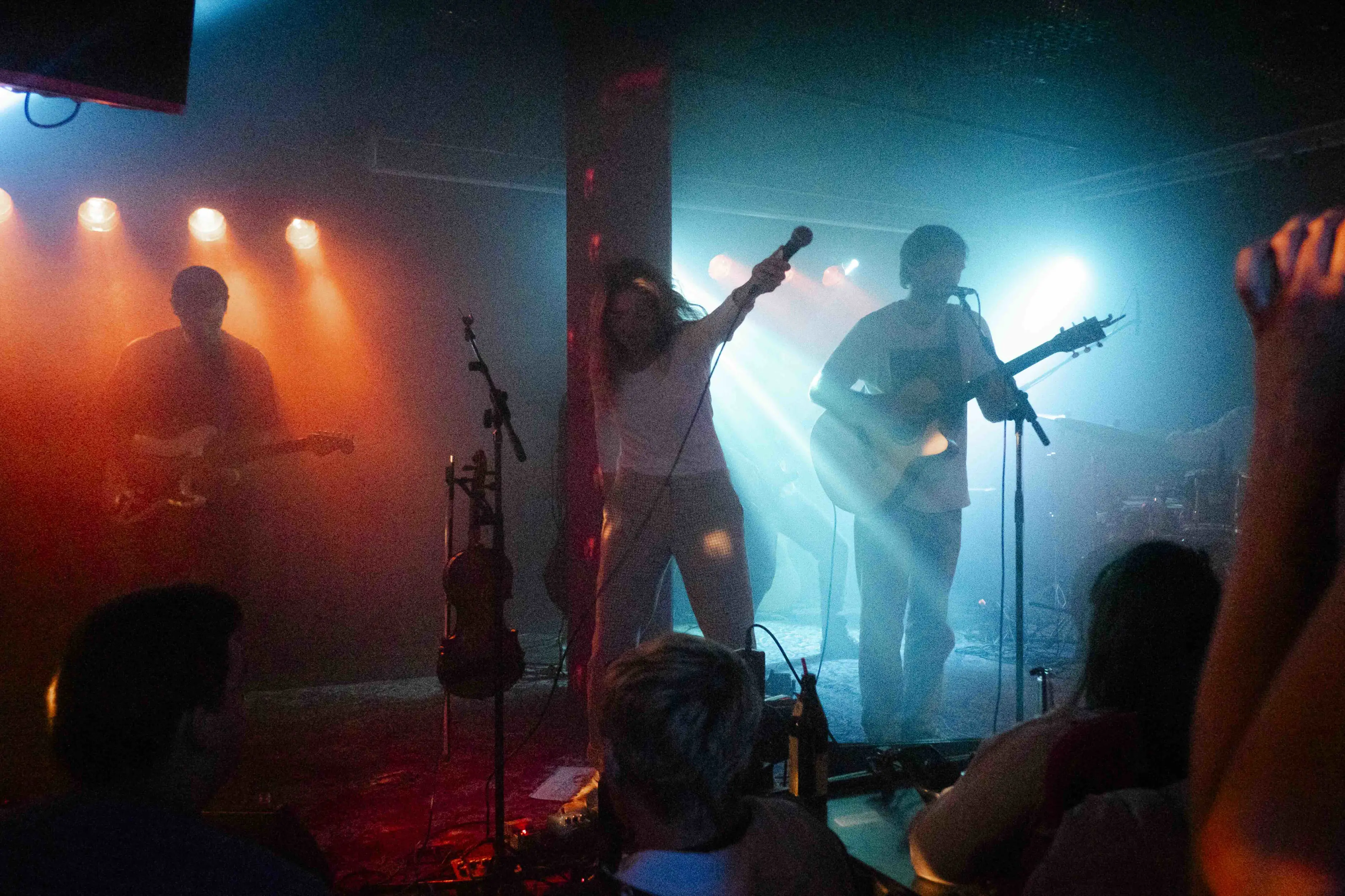 Die Band Nobutthefrog spielt auf einer dunklen Bühne, die mit rotem und blauem Licht beleuchtet ist. Anka, die Sängerin, steht im Mittelpunkt und hält ihr Mikrofon ins Publikum. Rechts neben ihr spielt René Gitarre. Links ist ein weiterer Gitarrist zu sehen. Im Vordergrund sind die Köpfe von Zuschauern sichtbar.